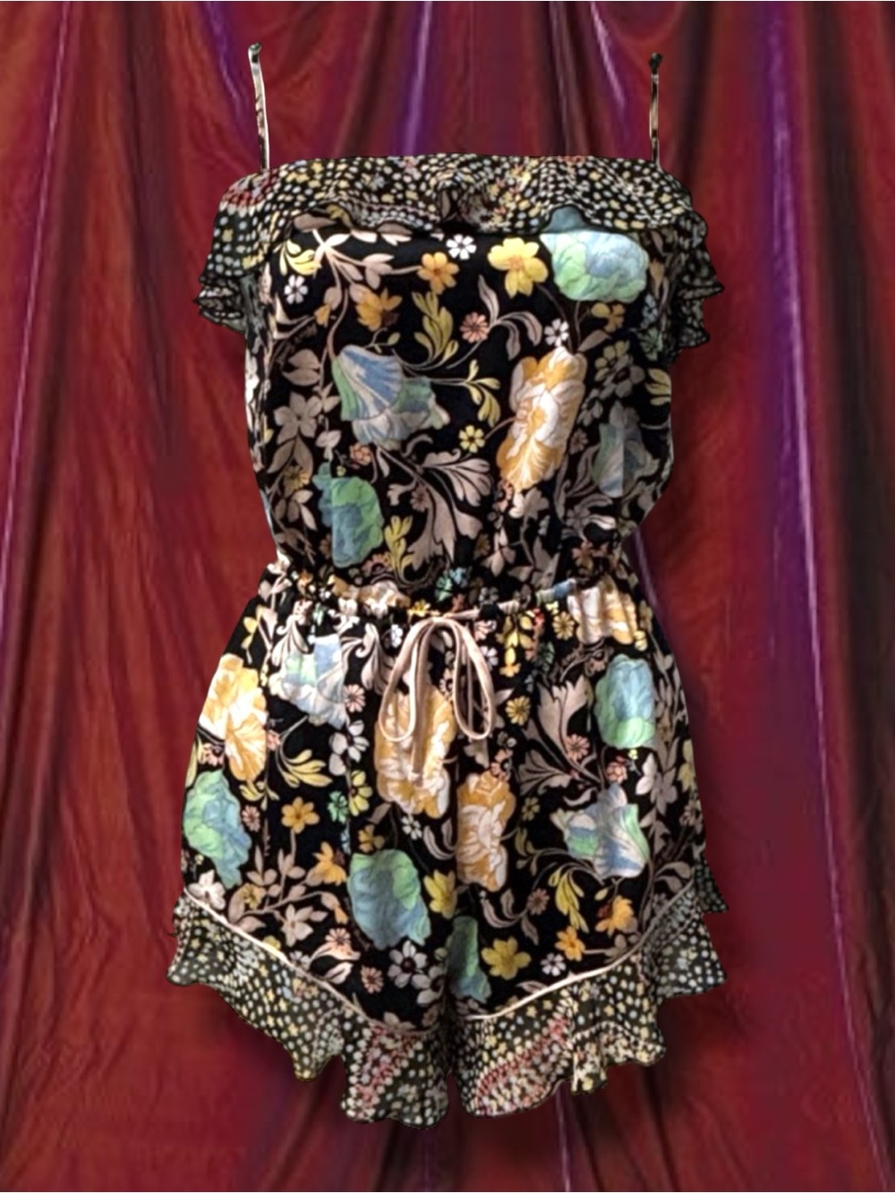 Victoria's Secret Black Floral Strapless Romper with Yellow & Mint Accents
